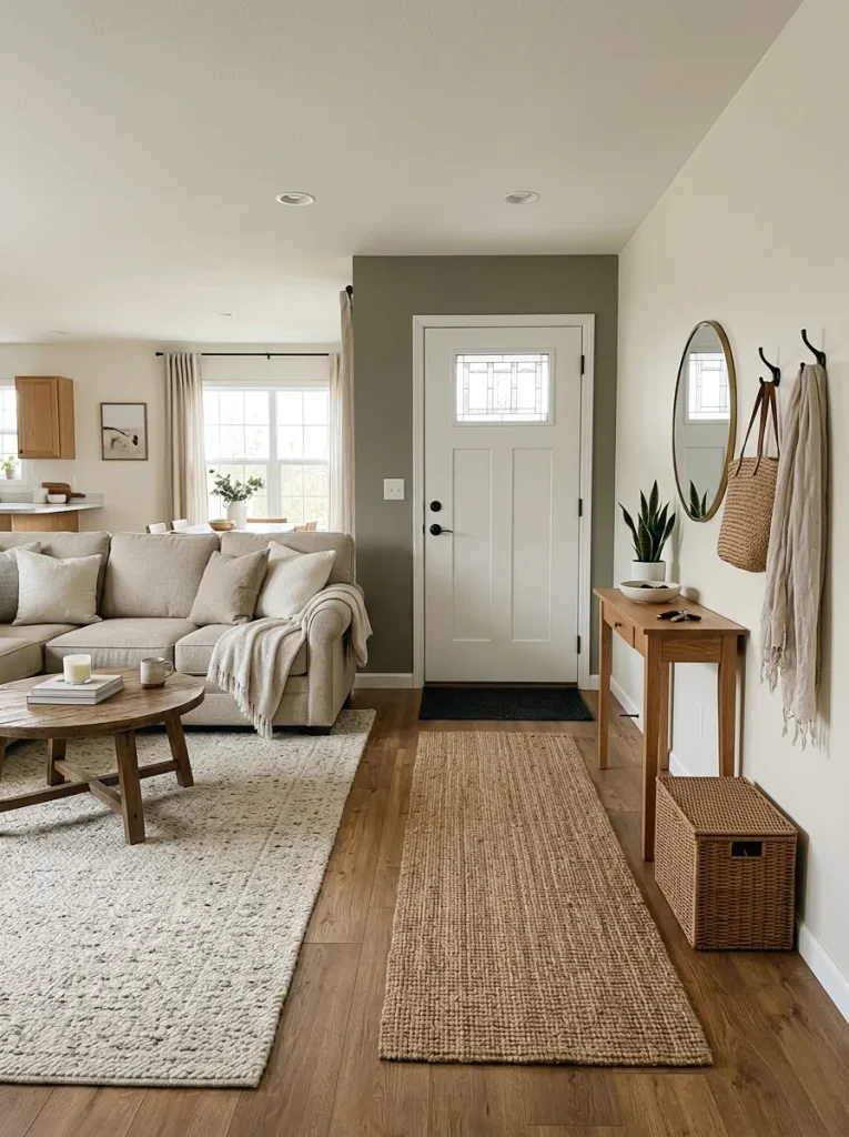 Double-wide living room with the front door opening beside a slim console, mirror and compact storage that create a small entry landing.