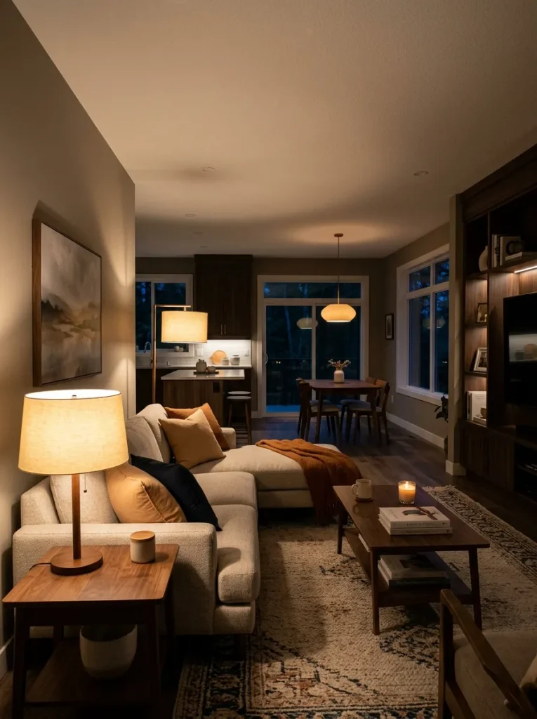 Warmly lit double-wide living room at night with softer lighting in the connected kitchen and dining areas.