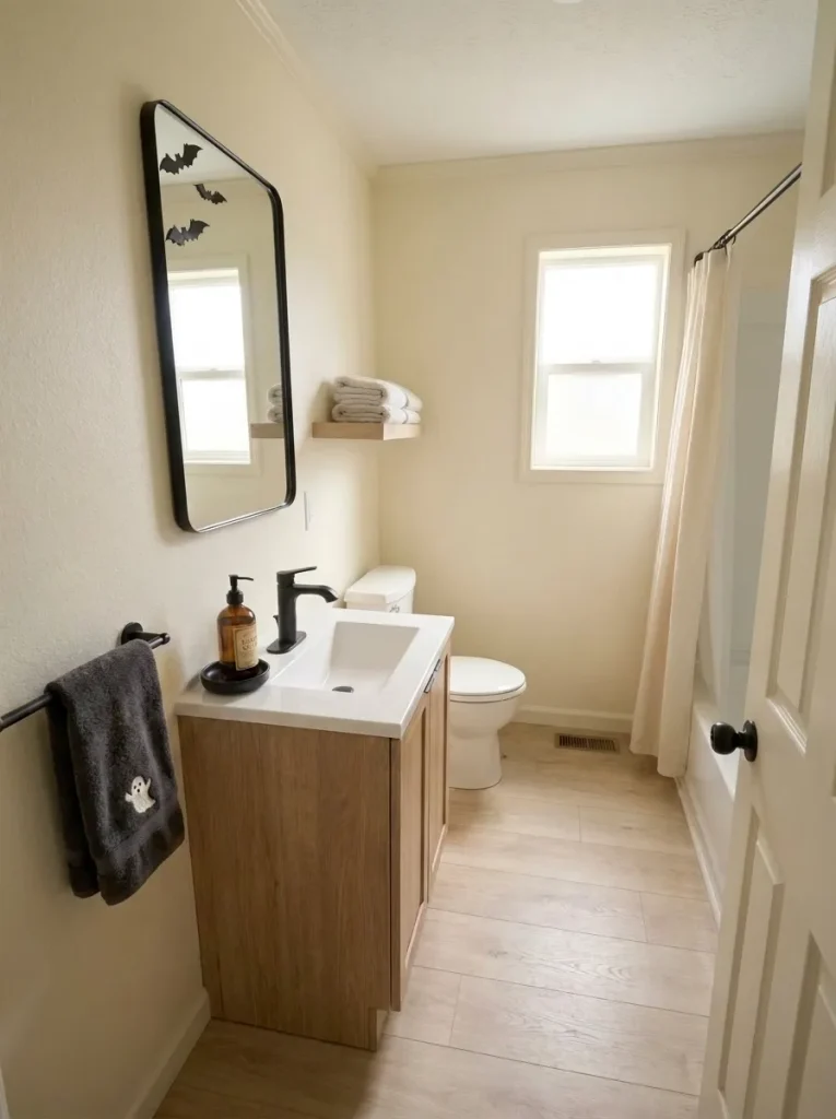 Waist-height view of a charcoal ghost towel hanging freely beside the oak bathroom vanity.
