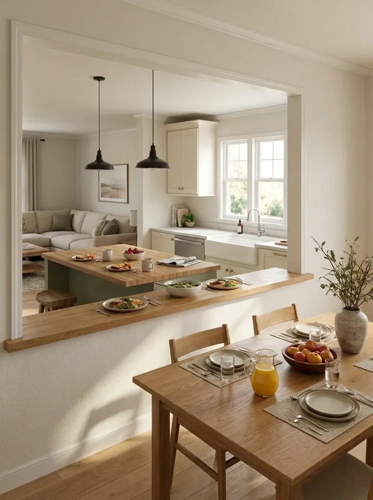 Existing framed kitchen pass-through used as a serving ledge beside the dining area in a double wide.