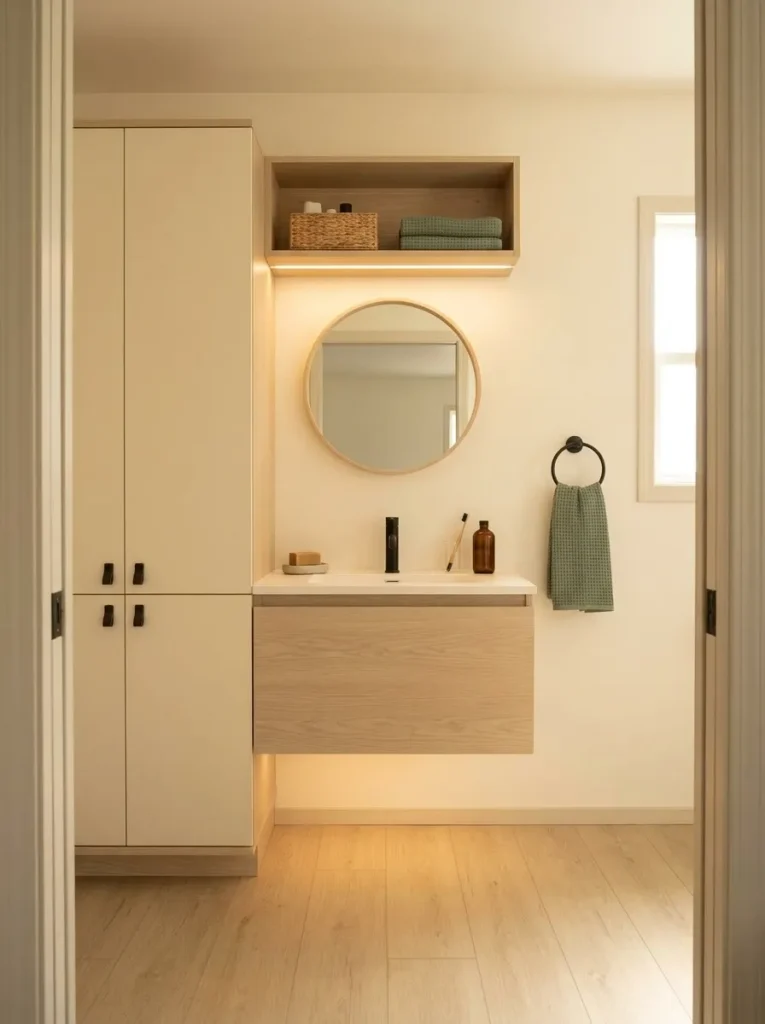 Organized mobile home bathroom with concealed storage, one open shelf and a compact daily-use vanity zone.