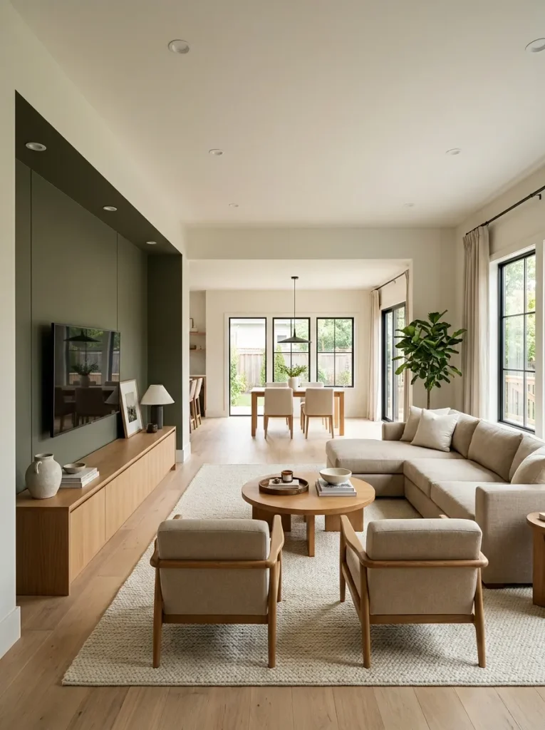 Double-wide living room with a media wall forming the closed edge while the opposite side stays open toward the dining area.