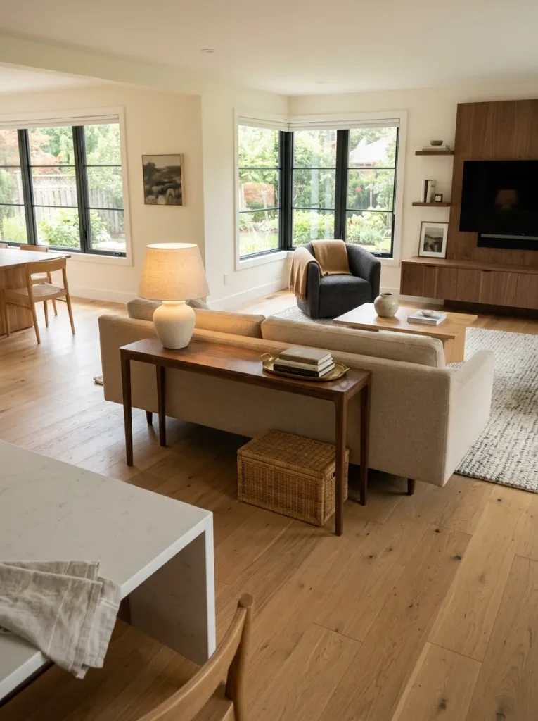 View from the kitchen toward a floating sofa with a slim wood console creating a finished backside in an open double-wide living room.