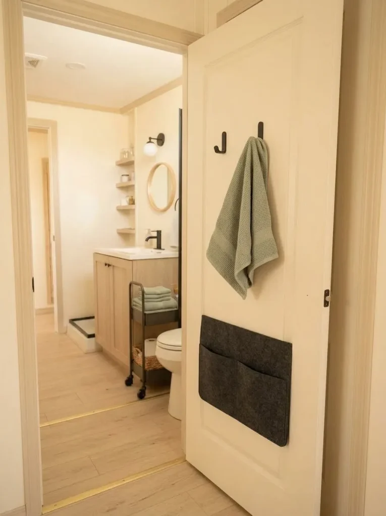 Flat back-of-door bathroom storage with slim hooks and pockets on a partially open door.