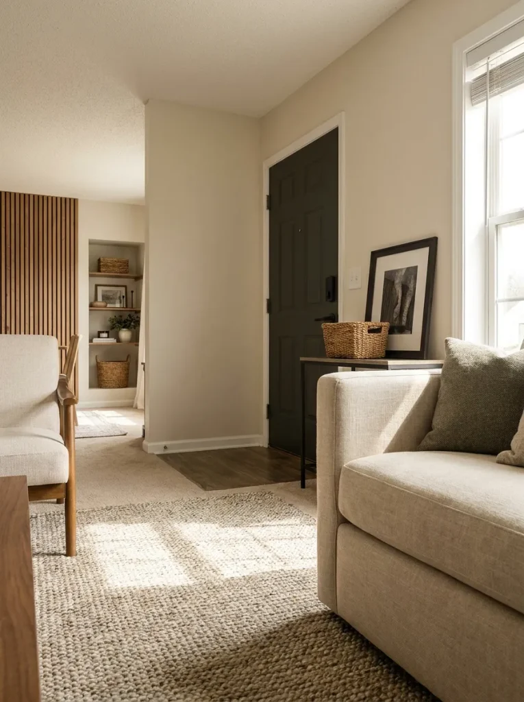 Mobile home living room viewed toward a dark accent front door that coordinates with the seating, walls, and focal area.