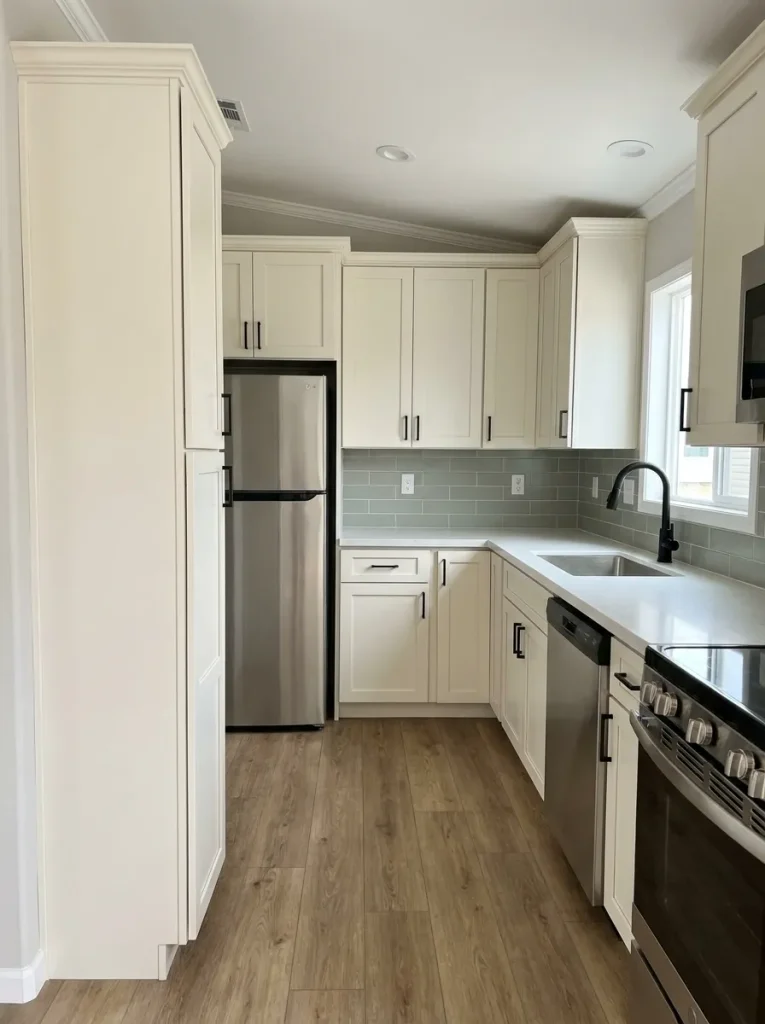 Compact mobile home kitchen using a short wall beside the refrigerator for a tall shallow pantry cabinet.