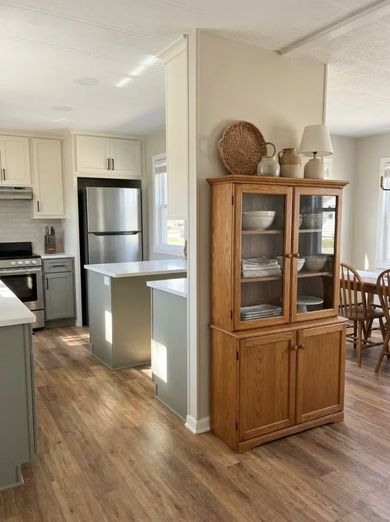 Mobile home kitchen and dining area with a shallow freestanding hutch adding storage without extending the built-in cabinet run.