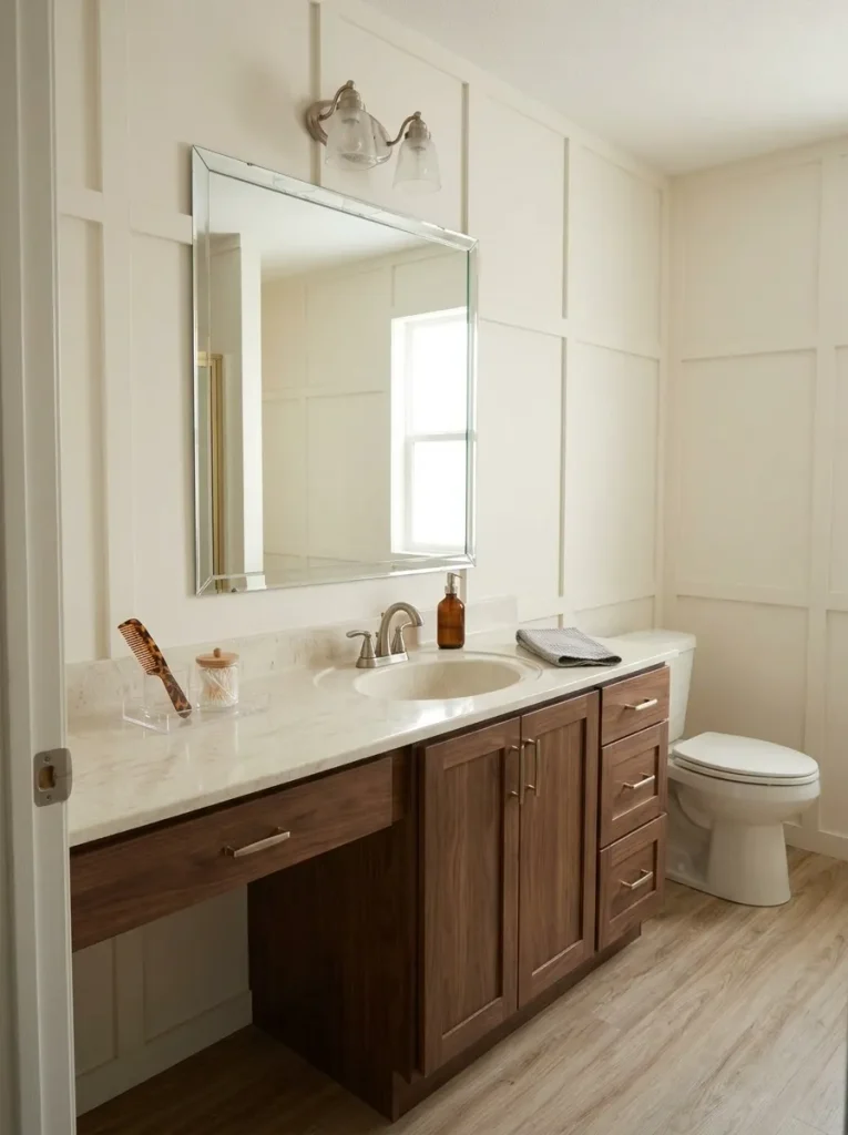 Complete mobile home bathroom vanity zone showing cabinet, sink, counter, mirror, lighting and surrounding layout for a keep-or-replace evaluation.