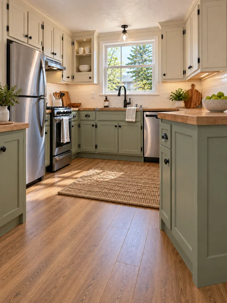 Low-angle mobile home kitchen view showing coordinated toe kicks, cabinet end panels, fillers and the finished peninsula back.
