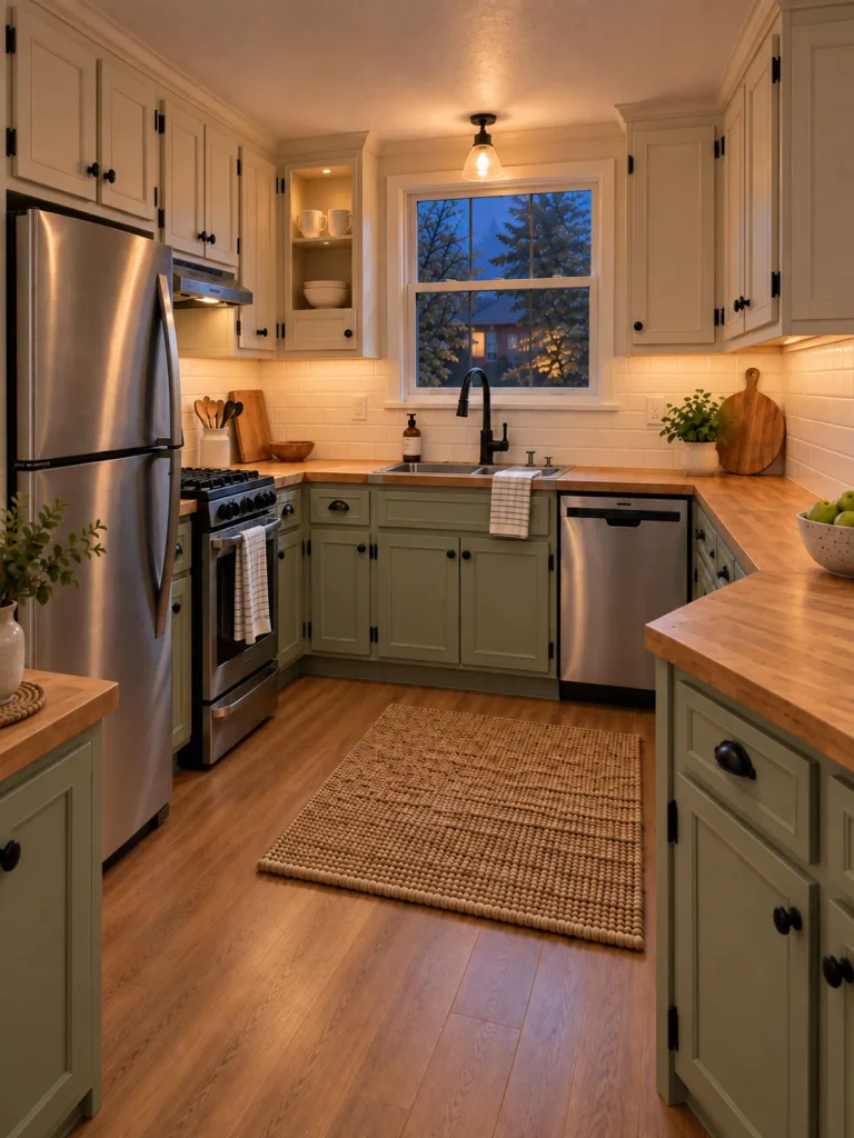 Evening view of a mobile home kitchen with one open cabinet cubby finished neatly inside to match the cream upper cabinets.