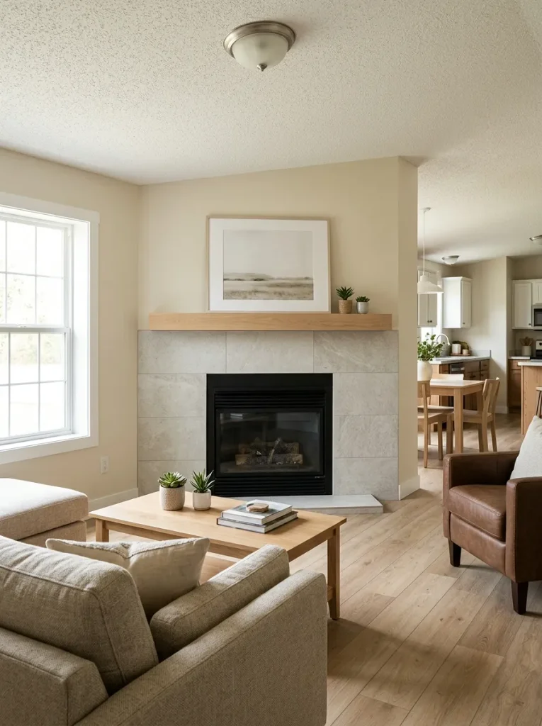 Double wide living room with an updated fireplace surround and existing focal wall retained.