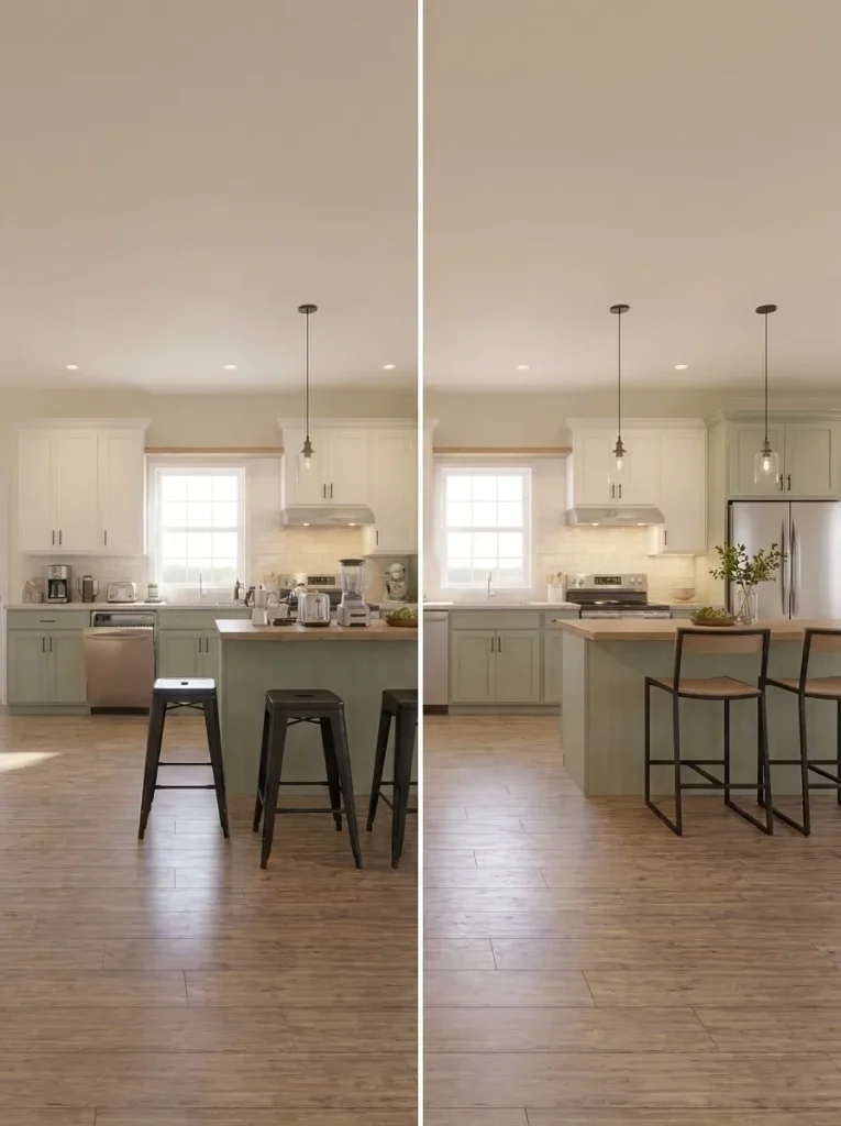 Two versions of the same single-wide kitchen comparing cosmetic upgrades with a layout that solves everyday circulation and prep problems.