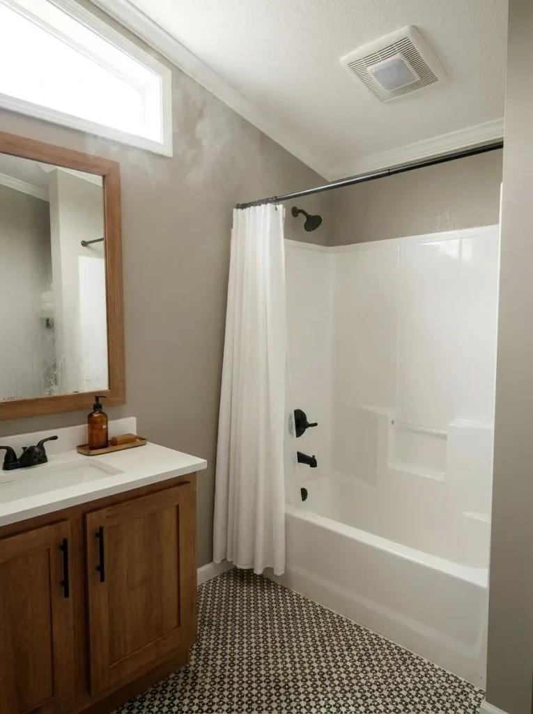 Small mobile home bathroom showing shower condensation and a visible ceiling exhaust fan.