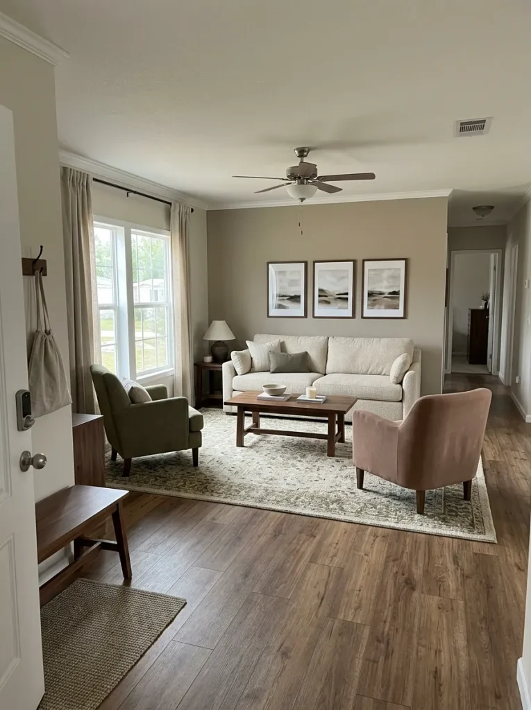 Doorway view of a mobile home living room where seating, rug and circulation are resolved before adding more small décor.