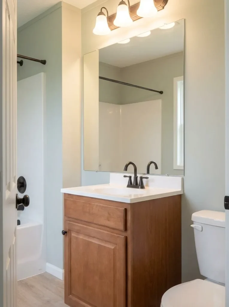 Even mirror lighting above a compact wood vanity in a small manufactured-home bathroom.