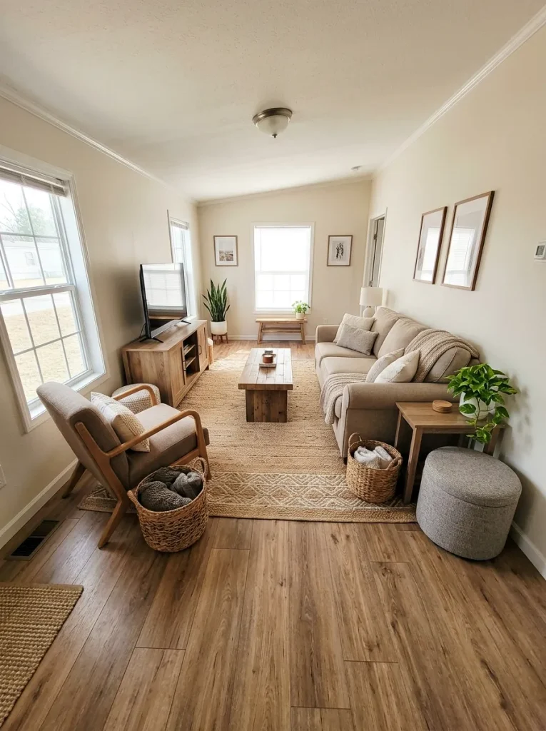 Small ottoman parked at the quiet end of a narrow living room while the center remains open for everyday movement.