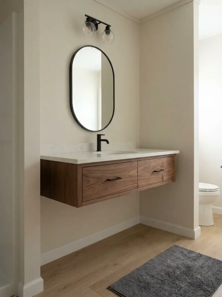 Floating vanity mounted above visible flooring in a compact manufactured-home bathroom with a clean concealed underside.