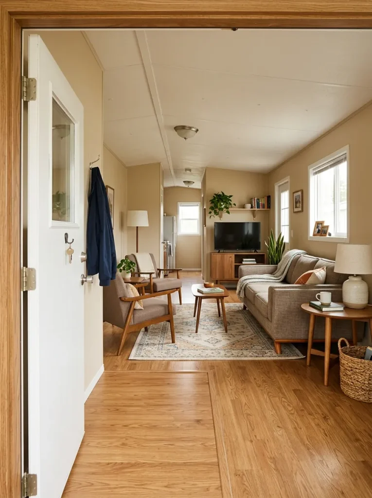 Single-wide living room with open floor space inside the front door before the sofa and main seating area begin.