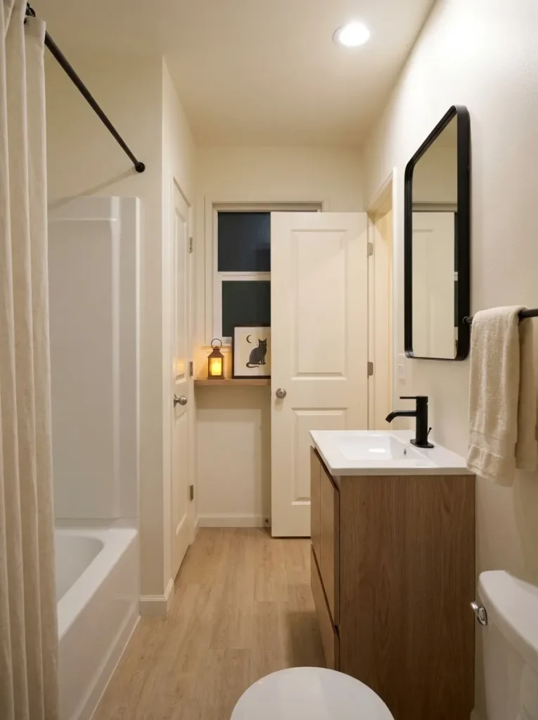 Evening reverse view toward the bathroom doorway with a small shelf lantern and clearly illuminated vanity.