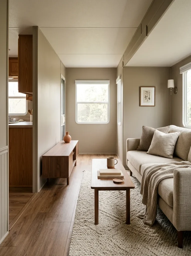Cozy textured seating balanced by an intentionally quiet media console and calm wall in a mobile home.