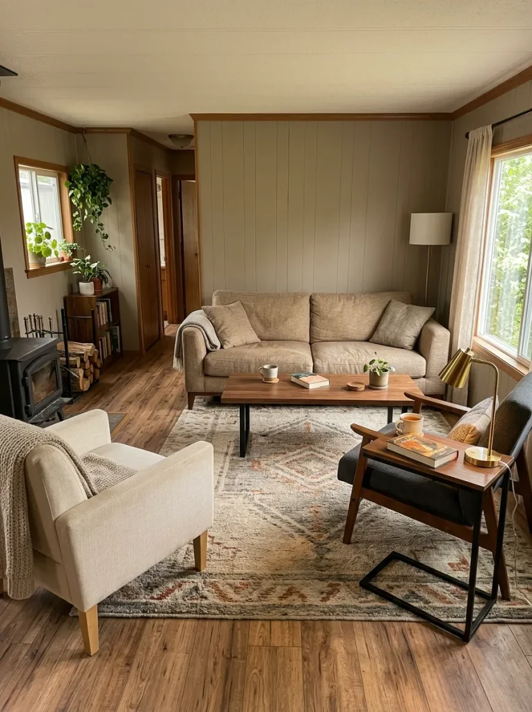 Mobile home living room with a small C-table serving one reading chair while other seats use shared surfaces.