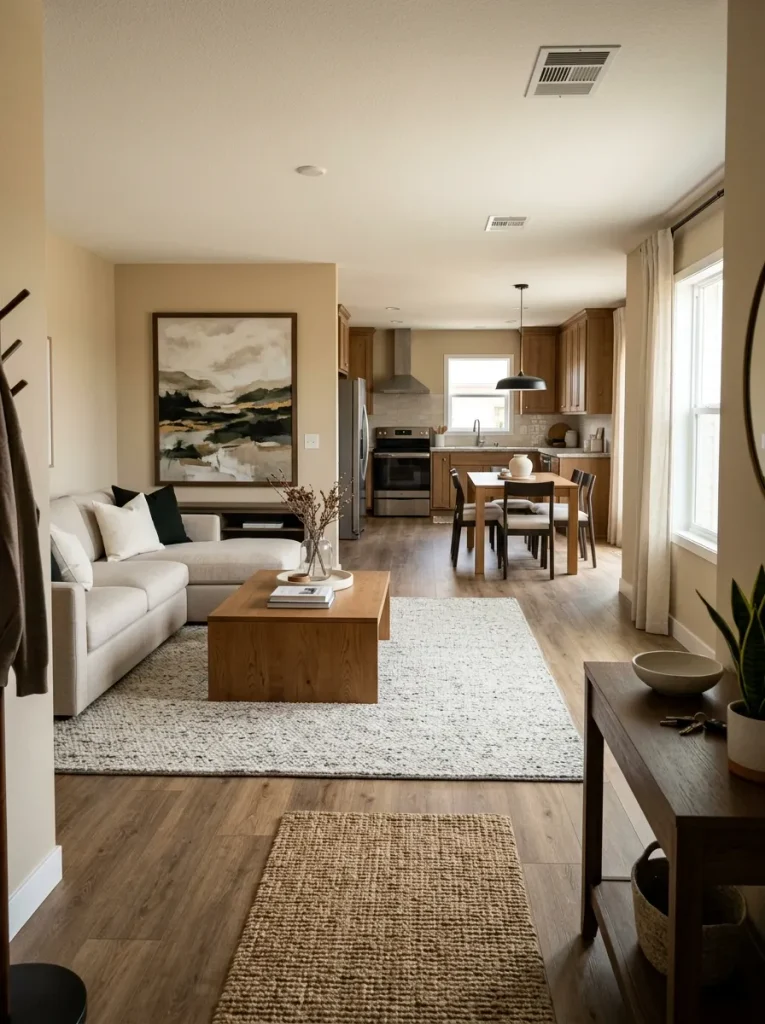 Long view through a double-wide interior showing one substantial decorating choice influencing the living, dining and kitchen areas.