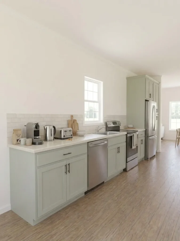 Compact appliance station grouped away from the main preparation counter in a narrow single-wide kitchen.