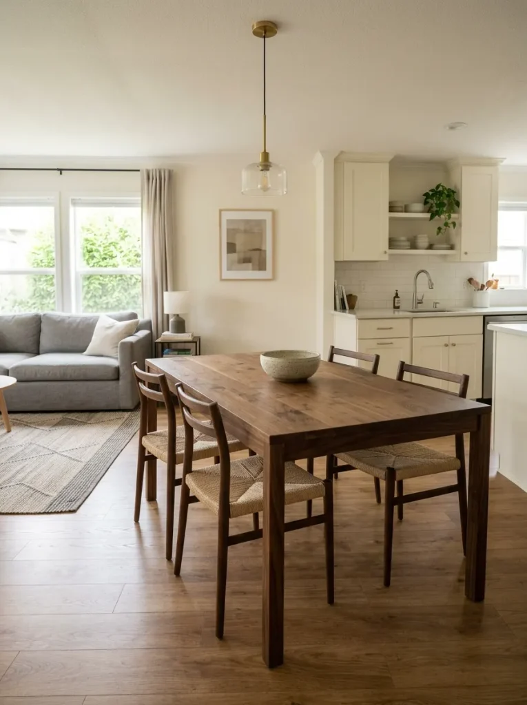 Double-wide dining table in its everyday state with exposed wood and one simple ceramic centerpiece.