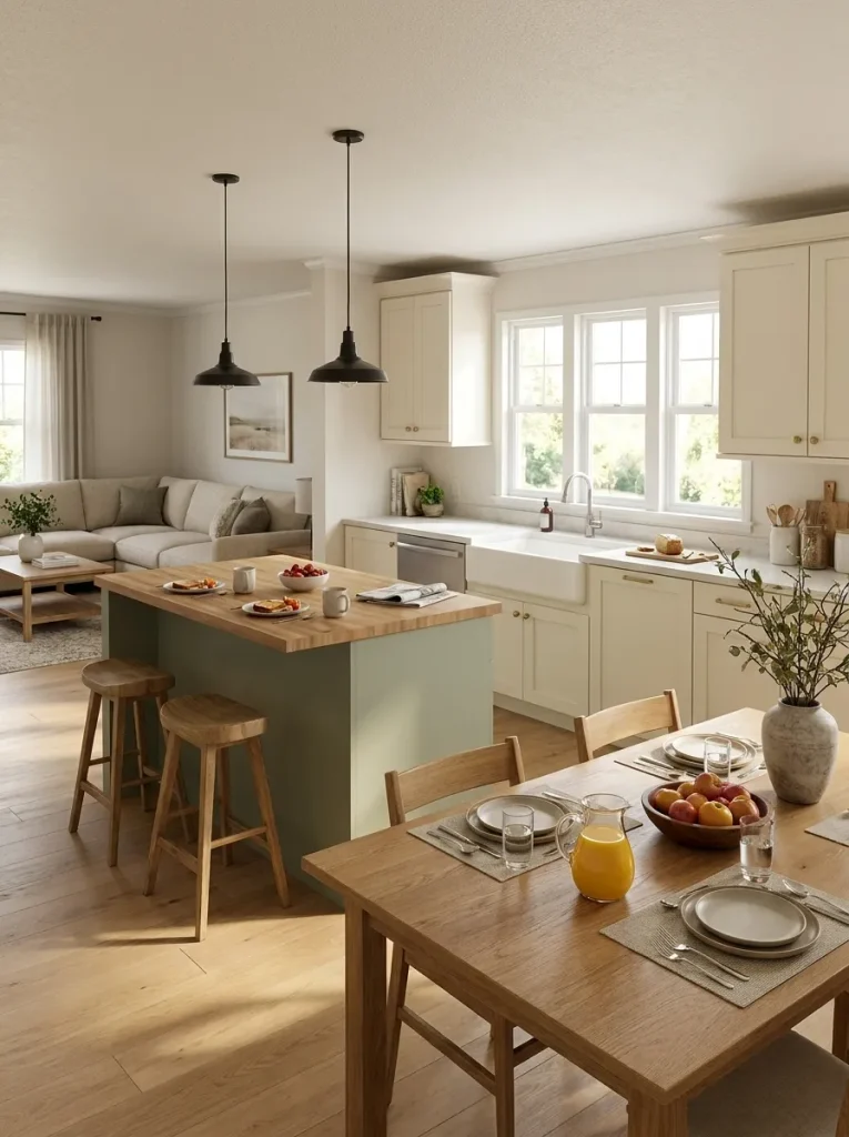 Double wide kitchen island with two casual breakfast seats beside a larger oak dining table.