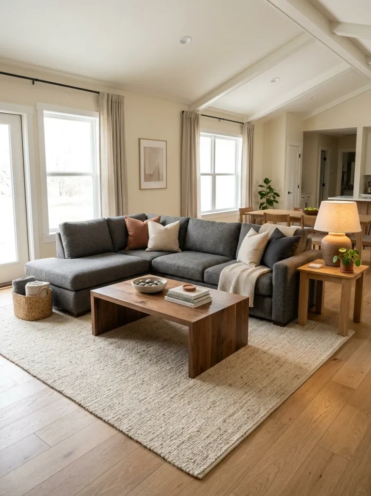 Double-wide seating area with a correctly scaled coffee table anchoring a large sectional while leaving clear circulation.
