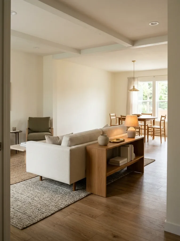 Floating sofa backed by a slim console while the dining area and walkway stay open.