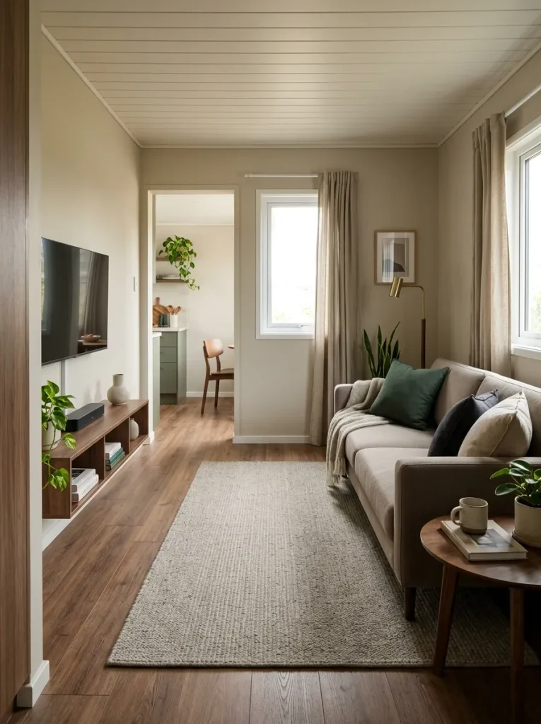 Long narrow mobile home living room with flooring, rug, furniture, and media zone supporting one clear visual direction.