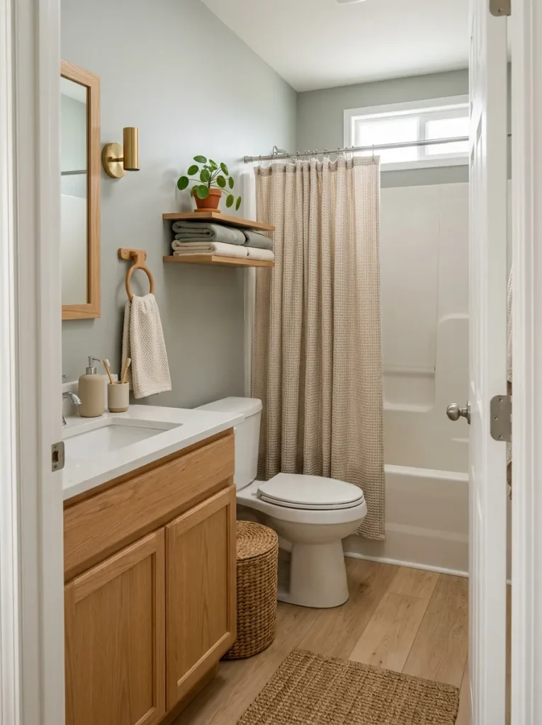 Small double-wide bathroom coordinated with cotton, warm wood, woven storage and matte ceramic textures.