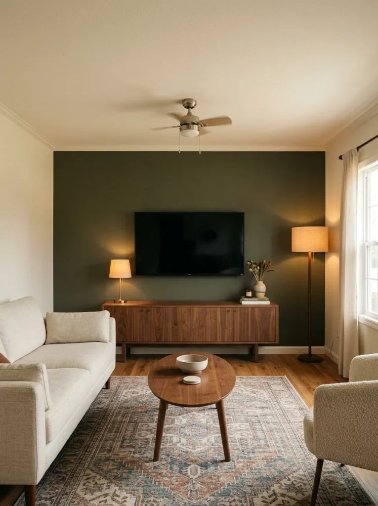 Mobile home living room with a calm dark media wall, centered TV and low closed storage forming one clear focal zone