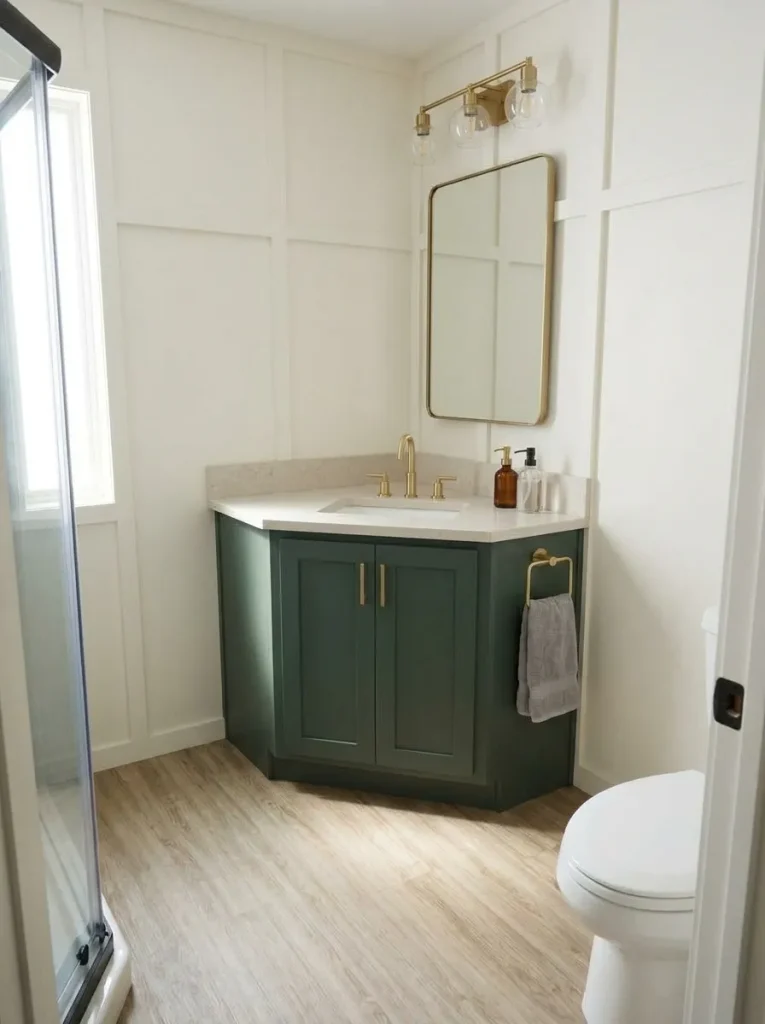 Forest-green vanity used as the main color contrast in a quiet small mobile home bathroom.