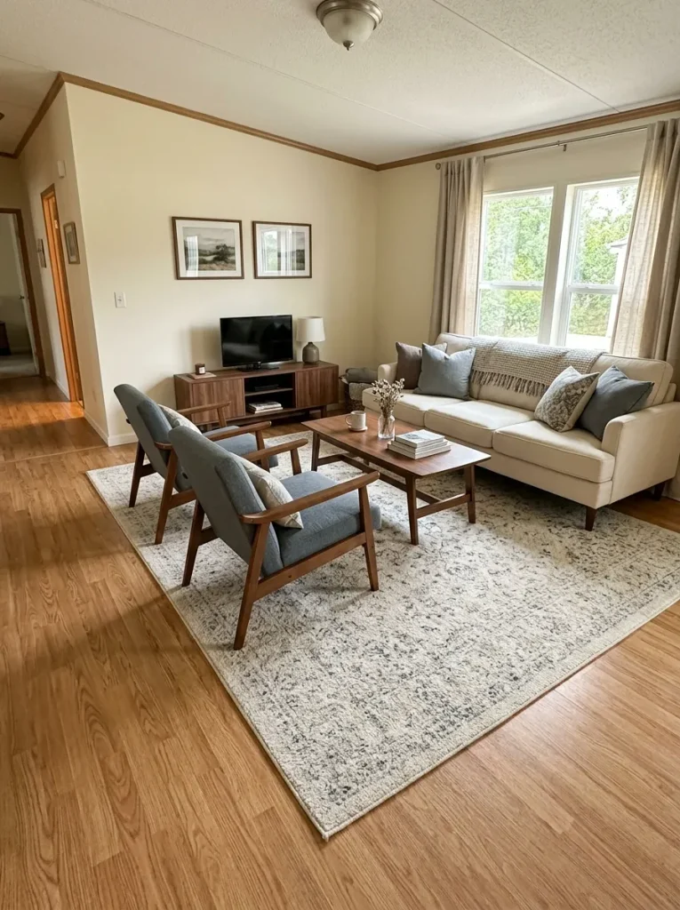 Mobile home living room where one area rug visually connects the sofa and accent seating while leaving surrounding flooring visi