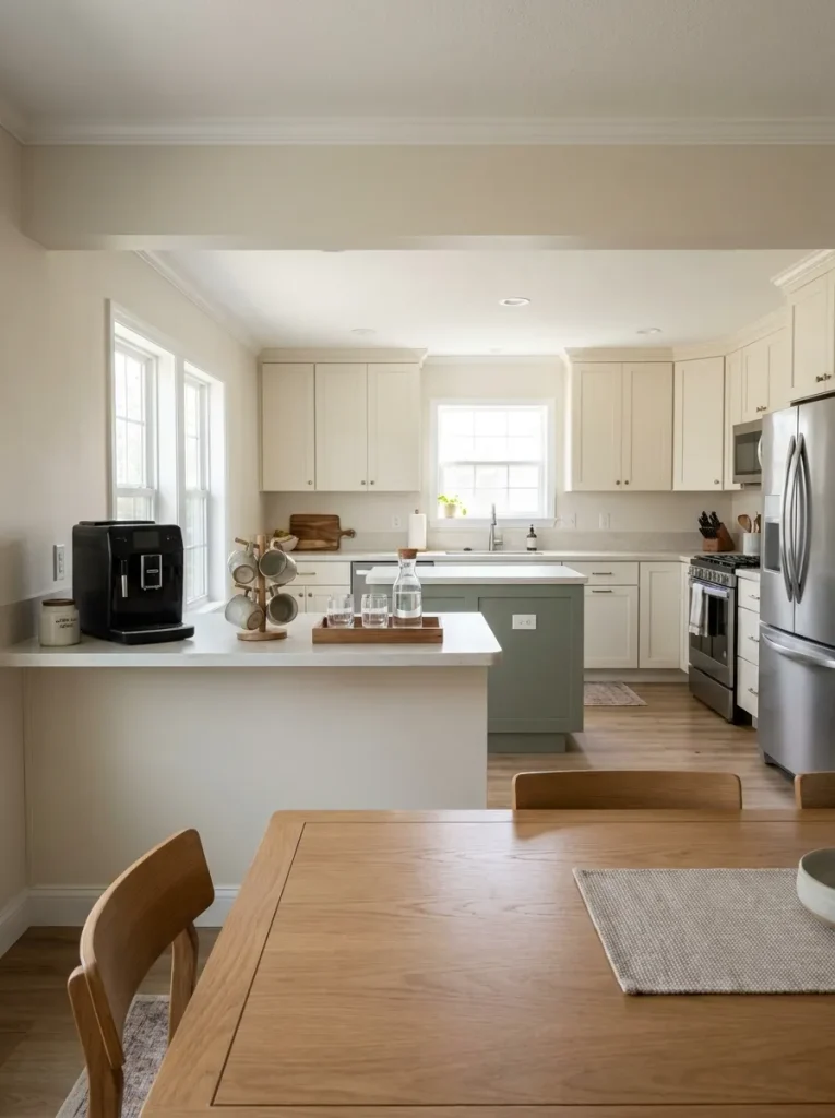 Coffee and drinks station positioned on the dining-side edge of an open double wide kitchen.
