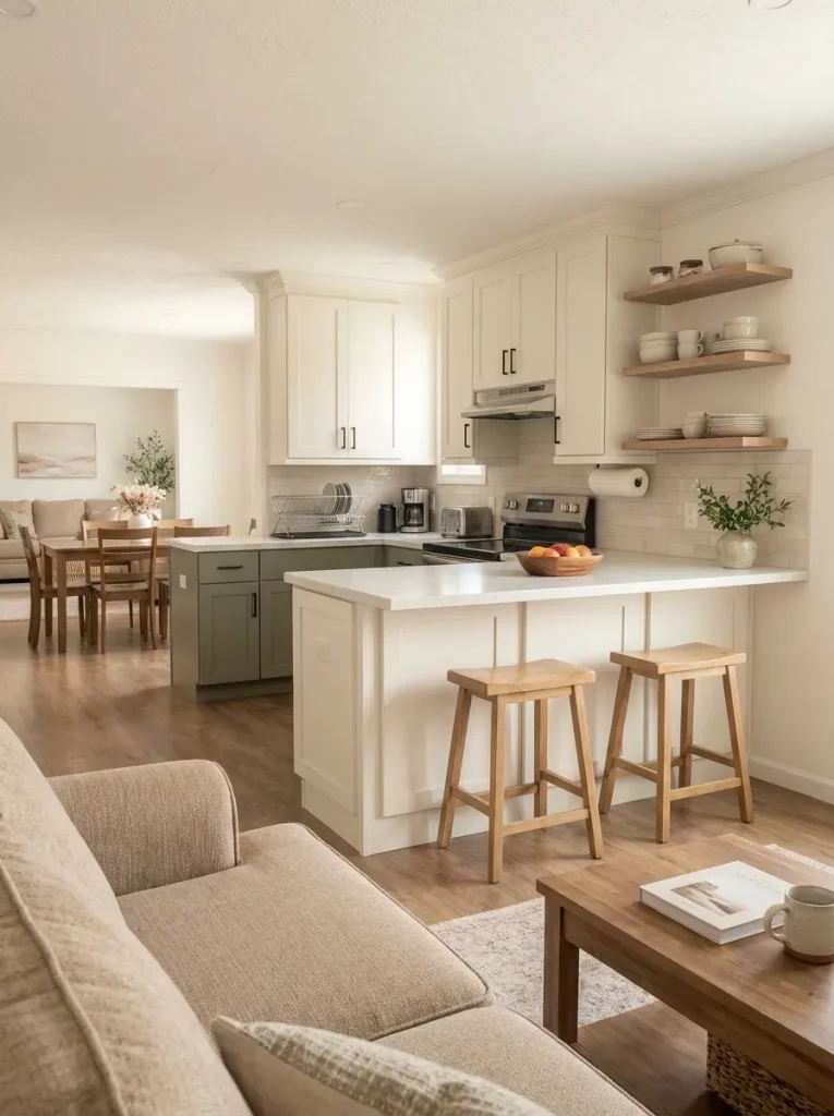 Open mobile home kitchen viewed from the sofa with utility items kept inward and the peninsula's living-room side left visually calm.