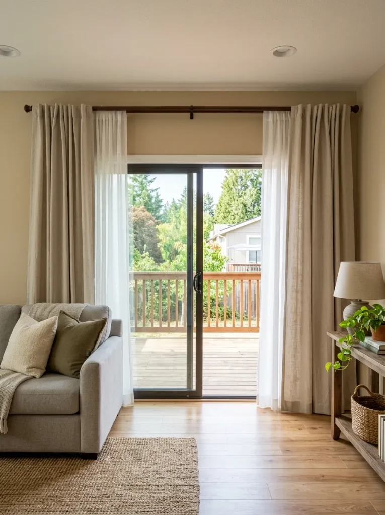 Mobile home living room with floor-length curtains mounted high and wide around a sliding glass door without blocking access.