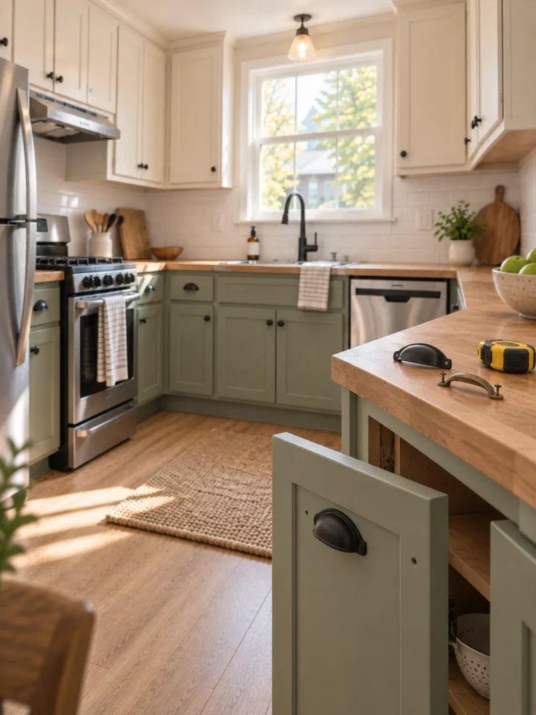 Finished mobile home kitchen with a cabinet door showing a new black pull fitted to the existing hardware holes.