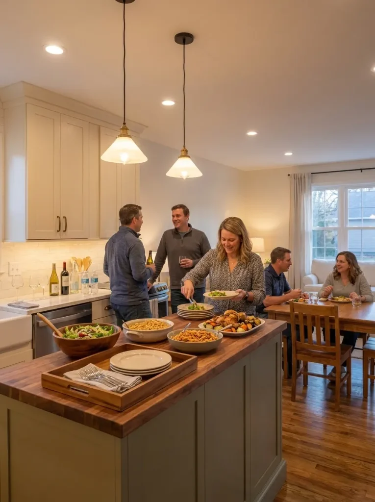 Temporary buffet arranged on an existing kitchen island during a gathering in an open double wide.