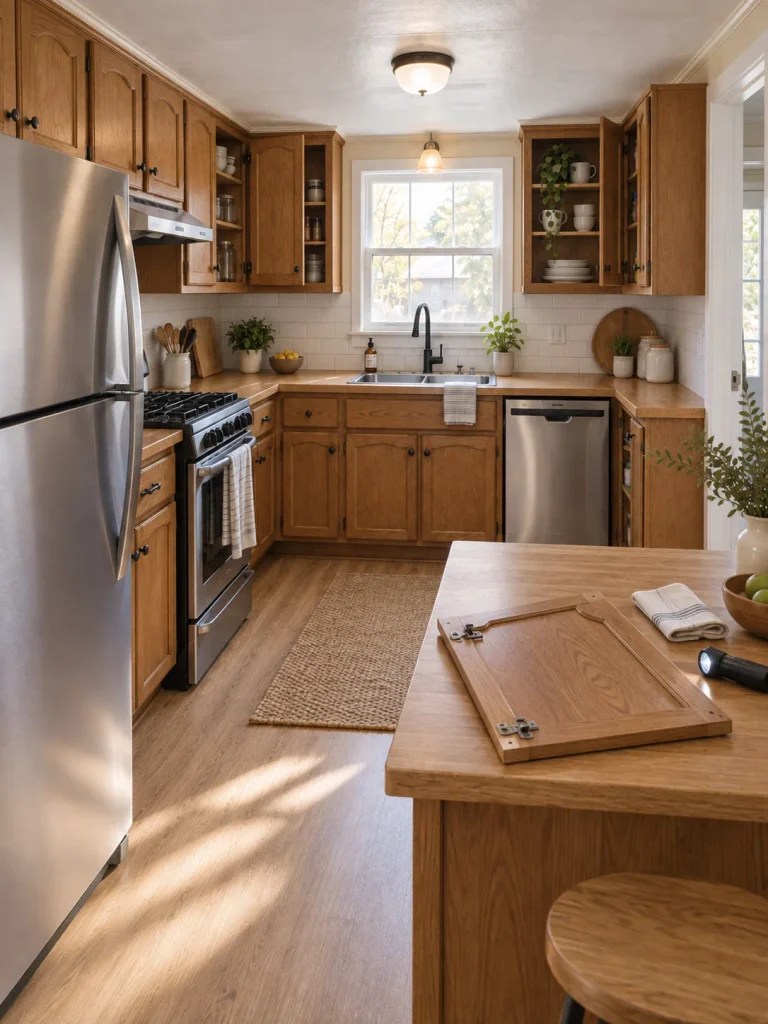 Mobile home kitchen with one cabinet door removed on the peninsula so its edge and surface construction can be inspected.
