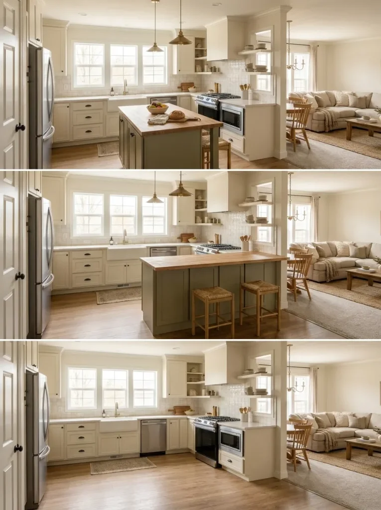 The same double wide kitchen compared with an island, peninsula and open center layout.