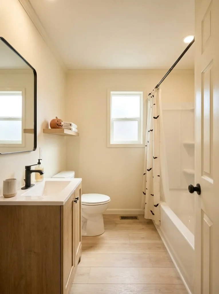 Diagonal view of an ivory bat-and-moon shower curtain beside an oak vanity and clear bathroom floor.
