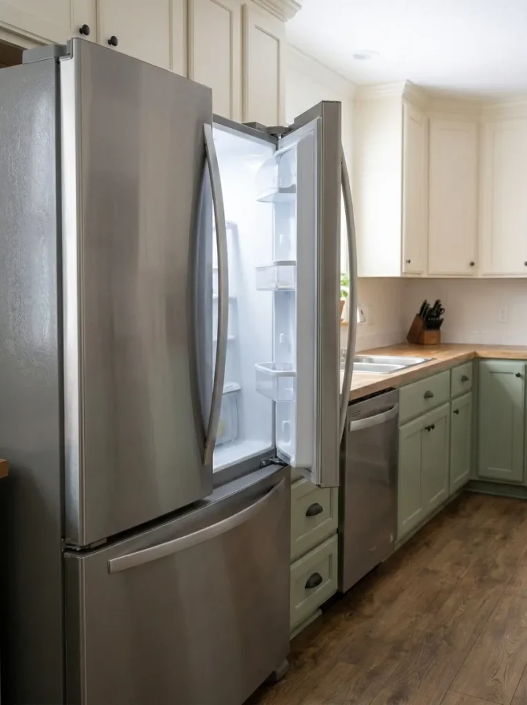 Refrigerator viewed from the rear side with its door open, showing how appliance projection and door swing affect a narrow kitchen aisle.