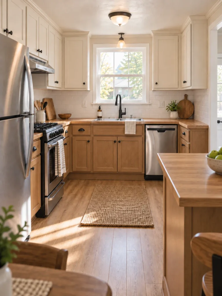 Mobile home kitchen with preserved warm wood lower cabinets and painted cream upper cabinets in the same existing cabinet layout.