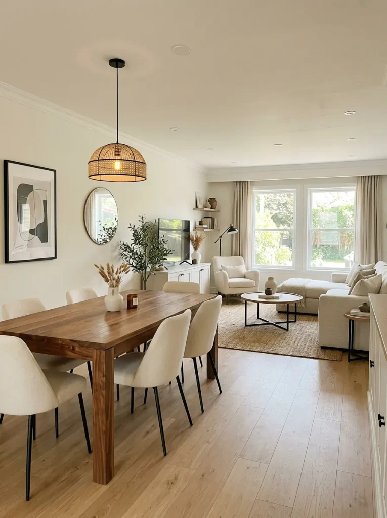 Updated double wide dining room with one warm natural wood table preserved as a material anchor.