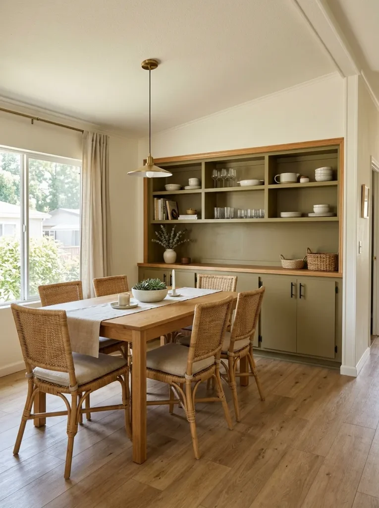 Double wide dining room with an existing built-in hutch retained and tastefully updated.