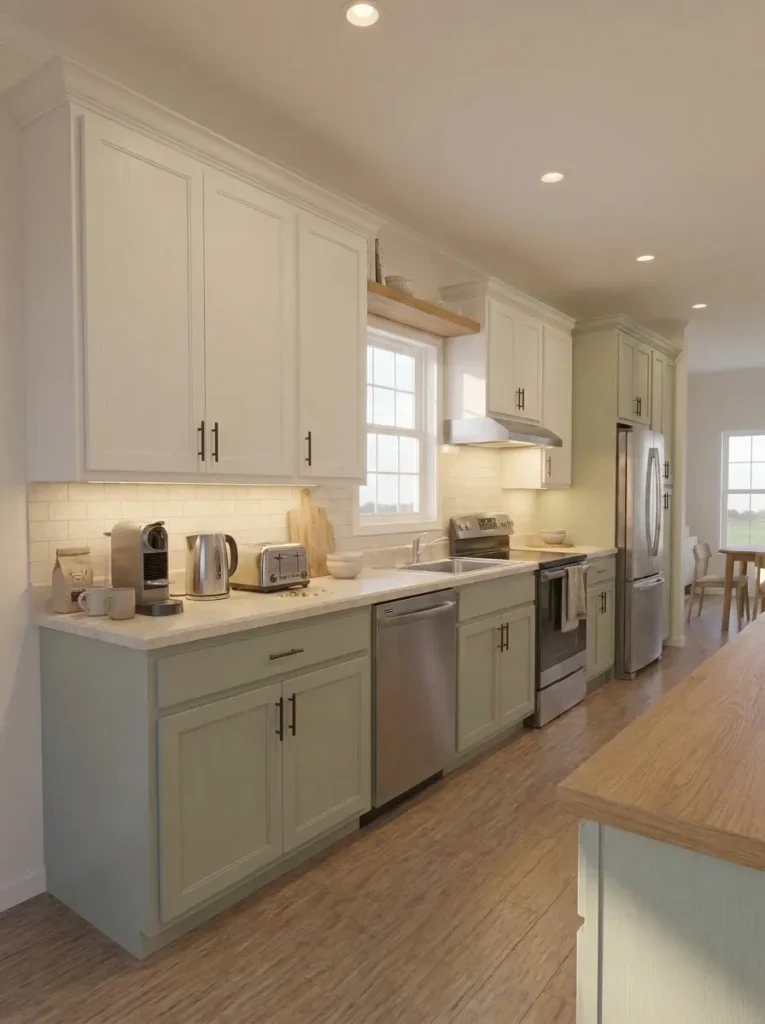 Single-wide kitchen using warm oak mainly on the peninsula and one shelf against sage and neutral finishes.