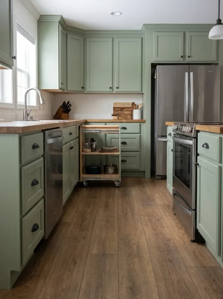Narrow rolling cart parked beneath a dedicated counter area while the main route through a small mobile-home kitchen stays open.